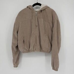 Ashley Sunrise Collection Tan Corduroy Sherpa Lined Hooded Cropped Jacket Medium